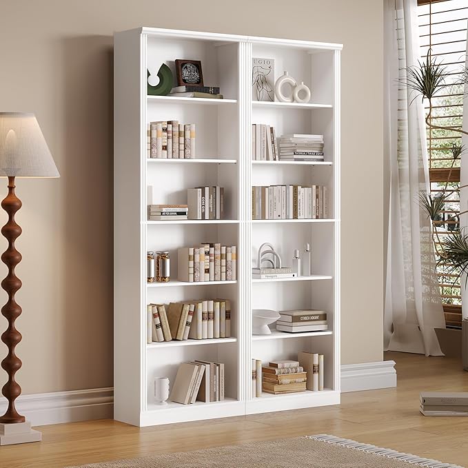 Wodeer Tall Bookshelf, 6-Tier Bookcase with 2 Adjustable Shelves, Modern Farmhouse Storage for Living Room, Entryway, Office, 23.6" W x 74.8" H x 10.6" D, White
