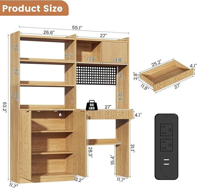 kepptory 63" Tall Computer Desk with Hutch, Fluted Wood Home Office Desk with Charging Station, Drawer & Storage Cabinet, Oak Workstation for Work & Study