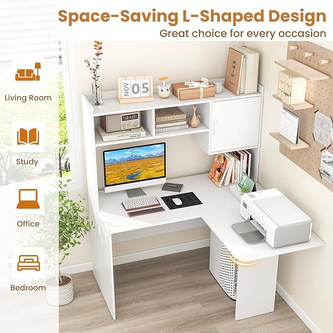 Giantex L Shaped Desk with Hutch, White Corner Desk with Storage Shelf & Cabinet, Laptop PC Table Gaming Computer Table Workstation, Modern Executive Study Writing Desk for Home Office, Bedroom