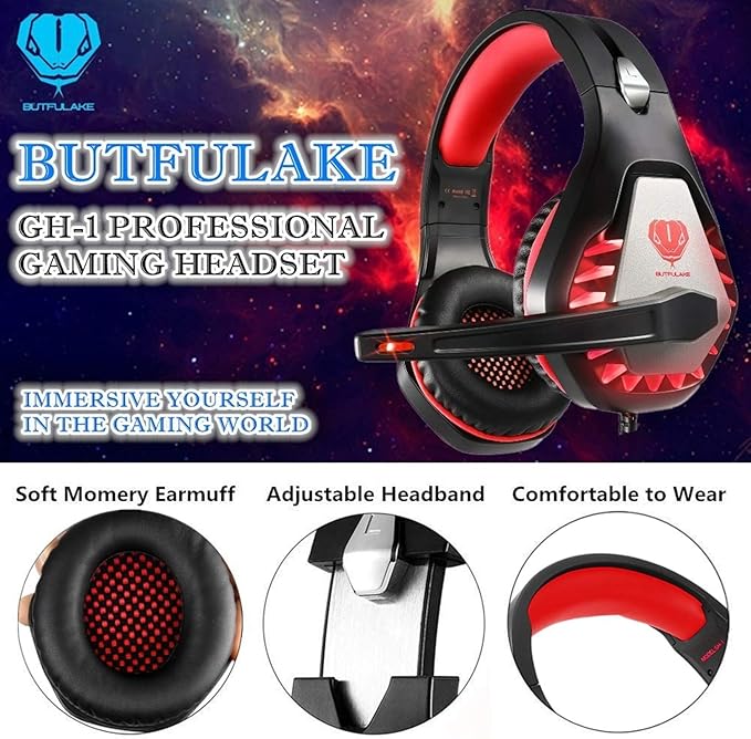 Gaming Headset for PS4, Xbox One, PC, PS5, Laptop, Mac, Nintendo Switch, 3.5MM Noise Cancelling Over Ear Headphones with Mic, Bass Surround, Soft Memory Earmuffs (red)