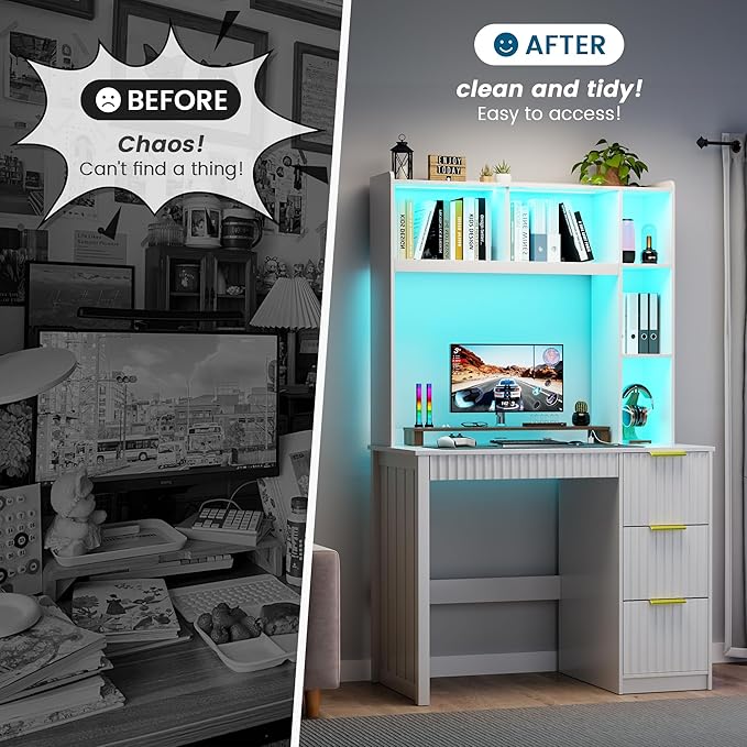 WOOVIVS Home Office Desk with Hutch & LED Lights - 39" Computer Desk with Charging Station, 3 Large Drawers, Hidden Compartment & Fluted Panel Design,White Writing Desk for Bedroom, Study
