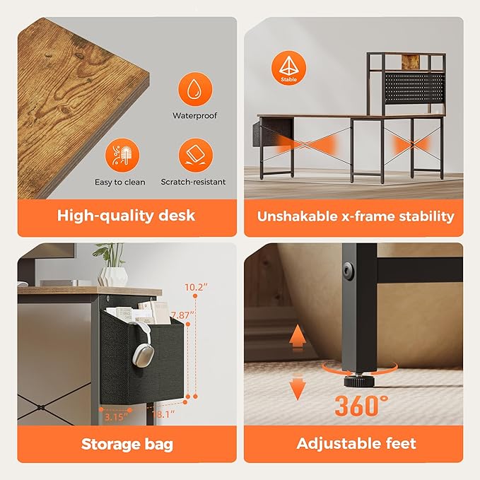 Mericonia 50 inch Large L Shaped Desk with Pegboard Hutch & Shelves, Corner Gaming Desk with Power Outlet, LED Light & Storage Bag, Reversible Computer Desk for Home, Bedroom, Office Workspace, Brown