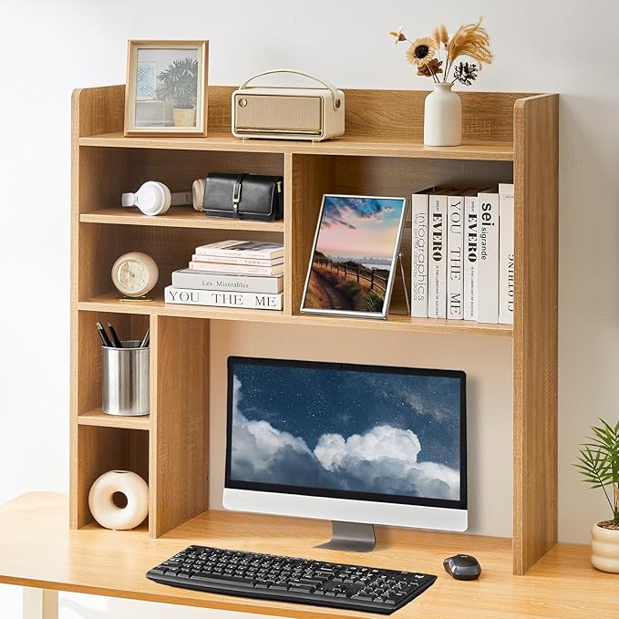 OFCASA Desktop Bookshelf, Countertop Storage Hutch with 7 Shelves for Computer Desk, 35.4'' 3-Tier Display Rack, Multipurpose Wooden Desk Hutch Storage Organizer for Home Office Dorm, Natural