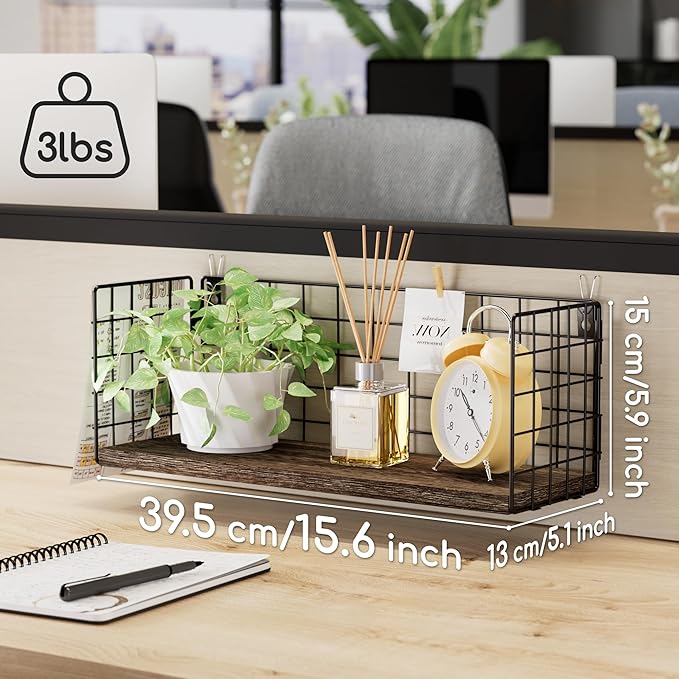 Floating Cubicle Shelf with Hooks, Paulownia Wood Desktop Organizer for Office Cubicle Decor, Desk Shelf for Top of Desk & Cute Cubicle Accessories for Work