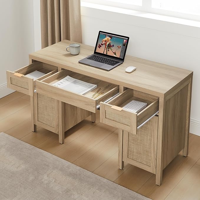 SICOTAS Rattan Executive Desk with Storage - 52" Large Home Office Desk with 3 Drawers and 2 Cabinets, Boho Computer Table for Study, Office, Living Room, Light Oak