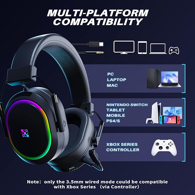 Wireless Gaming Headset for PS5 PS4, Bluetooth 2.4GHz Headphones with Noise Cancelling Mic, 23ms Low Latency Audio, 50+ Hrs & Surround Sound Memory Foam for Switch, Laptop, Mobile, Mac (rgb black)