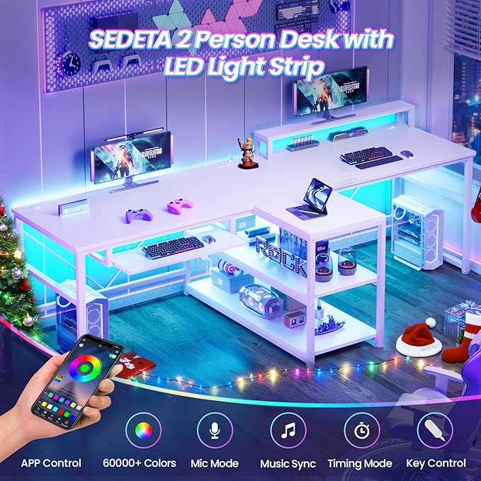 SEDETA 94.5" White Computer Desk, Two Person Gaming Desk with LED Light, Keyboard Tray, Power Strip with USB, Monitor Shelf & Storage, Extra Long Double Desk for Home Office, White
