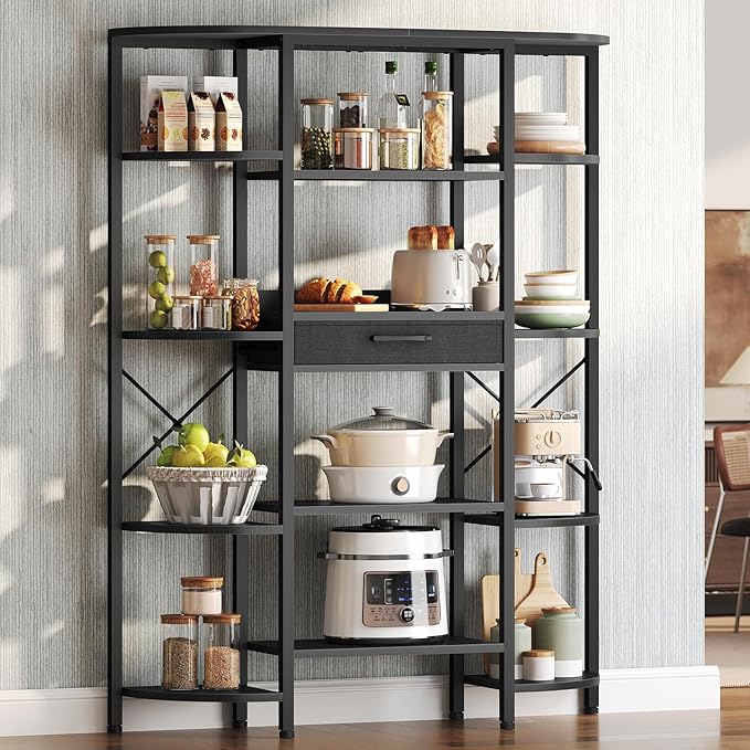 HOOBRO Triple Column 5 Tier Book Shelf, Industrial Bookcase with 12 Open Shelves and Fabric Drawer, Storage Rack, Display Shelf, Tall Bookshelf for Home Office, Living Room, Black BB161SJ01