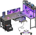 AODK 59 Inch L Shaped Desk with 4 Drawers, Gaming Desk with Led Lights & Power Outlets, Computer Desk with Pegboard & Keyboard Tray, Reverisble Home Office Desk with Storage Shelves & CPU Stand, Grey