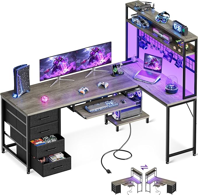 AODK 59 Inch L Shaped Desk with 4 Drawers, Gaming Desk with Led Lights & Power Outlets, Computer Desk with Pegboard & Keyboard Tray, Reverisble Home Office Desk with Storage Shelves & CPU Stand, Grey
