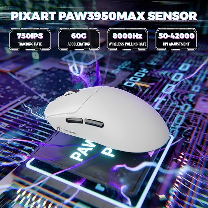 ATTACK SHARK X8 Ultimate Wireless Gaming Mouse,55g Ultra-Lightweight BT/2.4GHz Wireless/Wired Mouse,8K Polling Rate,PixArt PAW3950MAX Sensor,42000 DPI,800mAh Battery,Gamer Mice for PC/Win/Mac(White)