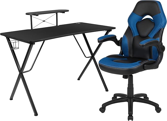 EMMA + OLIVER Black/Blue Gaming Desk Set with Headphone Hook, and Monitor Stand