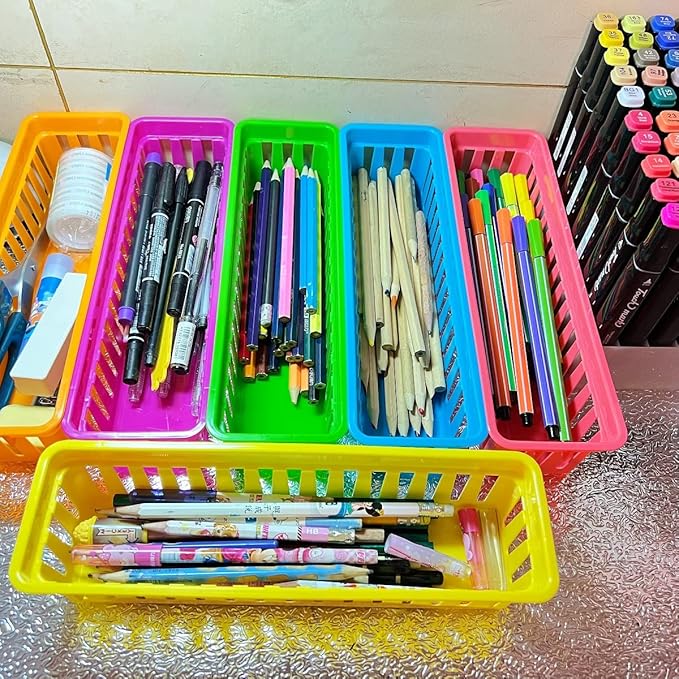 RAUVOLFIA 12 Pack Classroom Pencil Organizer Pencil Basket or Crayon Basket, Small Pencil Holder Tray for Kids Desks (Multi-colored)