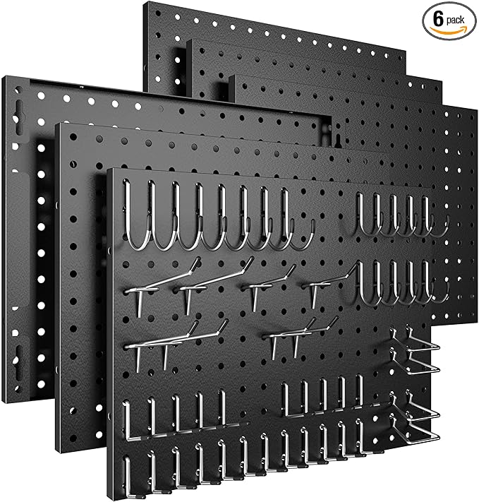 Spampur Peg Board, 6 Pack Metal Pegboard Panels Black Pegboards Wall Organizer with 50 Hooks, Heavy Duty Peg Board for Walls Home, Garage Tool Storage, Office Organization, Craft Room, Kitchen