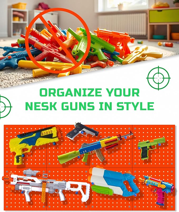 Skywin 2 Pack Wooden Pegboard Wall Organizer for Nerf Gun 13 x 13 x 0.31 Inches, Hanging Wall Pegboard Holder Compatible with All Blasters Nerf Gun Rack Organizer for Wall Organization (Orange)