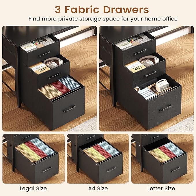 SEDETA L Shaped Gaming Desk with Storage Shelves and Hutch, Convertible 94.5" Computer Desk with Drawers, Corner Computer Desk with Power Outlet, LED Lights, Pegboard for Home Office, Black
