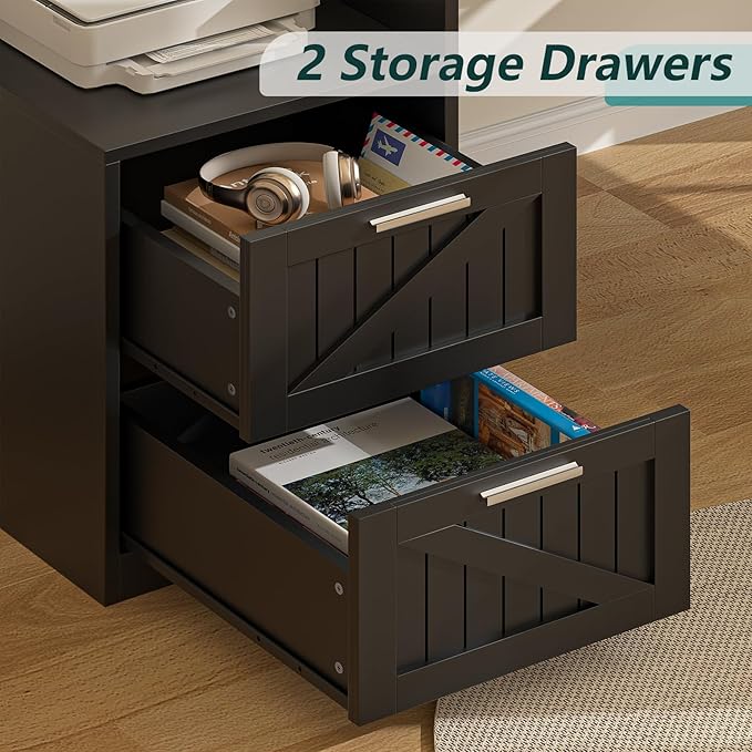 YOMILUVE 63" Farmhouse L Shaped Desk with Drawers & Storage Shelf, Corner Computer Desk with Power Outlets for Home Office, Executive Desk with Monitor Stand, Printer Shelf, Black