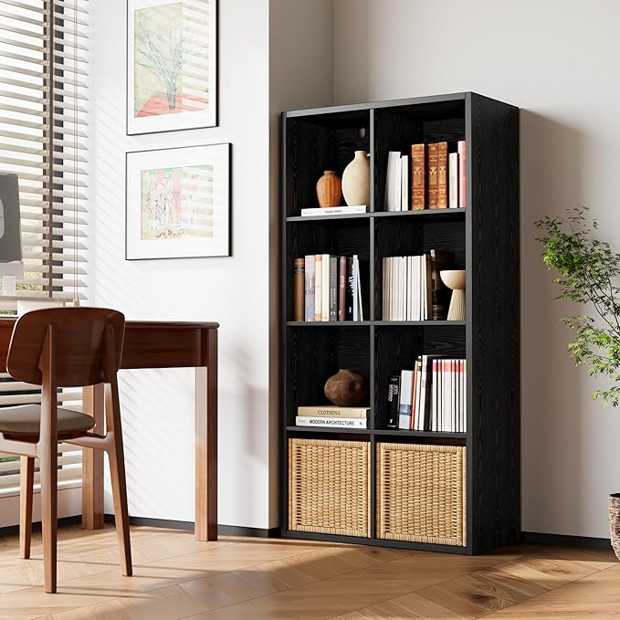 IROCNK Bookshelf, 8-Cube Storage Cube Shelf Organizer, Extra Thick Frame Horizontally & Vertically Reversible Bookcase with Open for Living Room, Bedroom, Home Office, Black