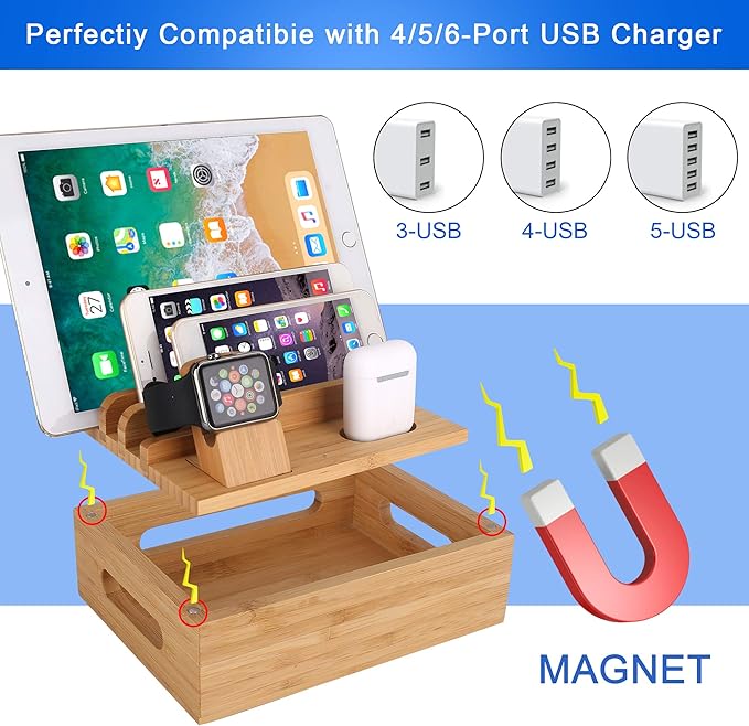 Bamboo Wood Desktop Organizer Charging Docking Station Charger Holder Cradle Charge Stand compatible with iPhone 16 15 Pro Max iPad Apple Watch Ulrta 10 9 8 7 6 5 4 iWatch AirPods Pro 2 3 4 Smartphone