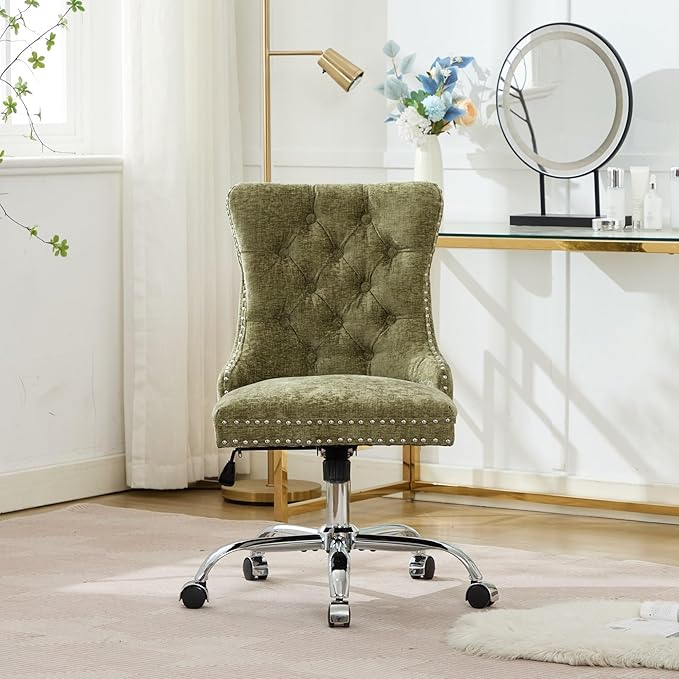 Goujxcy Desk Chair, Modern Chenille Upholstered Tufted Button Home Office Chair, 360° Swivel Armless Desk Chairs, 120°Rocking Ergonomic Computer Task Vanity Chairs, Green