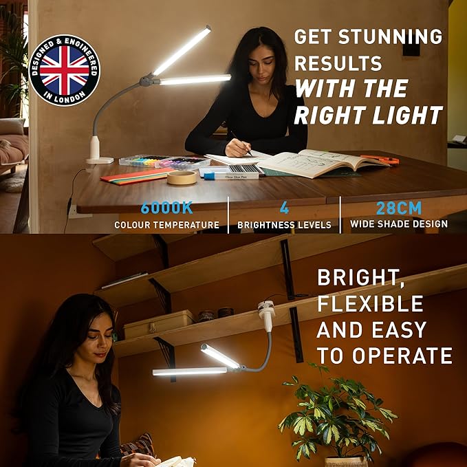 DuoPro Clamp LED Lamp - 6,000K Daylight, 2,100 Lux at 12", 4 Brightness Levels, Anti-Glare Shades, Adjustable Arm, Slim Design, Perfect for Sewing, Reading, Crafts, Beauty Treatments - Grey/White