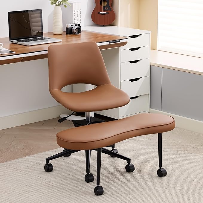 Ergonomic Cross Legged Office Chair with Wheels, 360° Swivel ADHD Chairs for Adults, Height Adjustable Seat for Meditation, Yoga - Wide Criss Cross Chair with Lumbar Support, Kneeling Chair, Brown