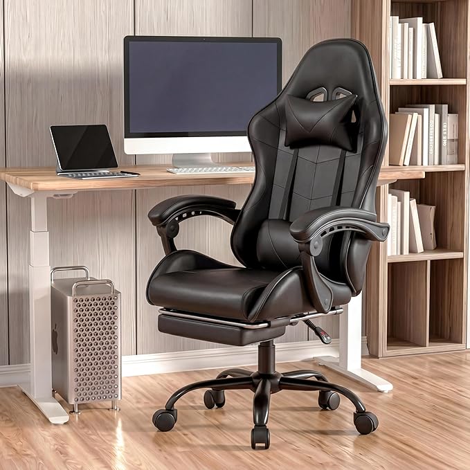Ergonomic Gaming Chair, Desk Chair with Headrest & Lumbar Support, 90°-150° Reclining Backrest & Footrest, 361° Swivel Height Adjustable Computer Chair, High Back for Adults