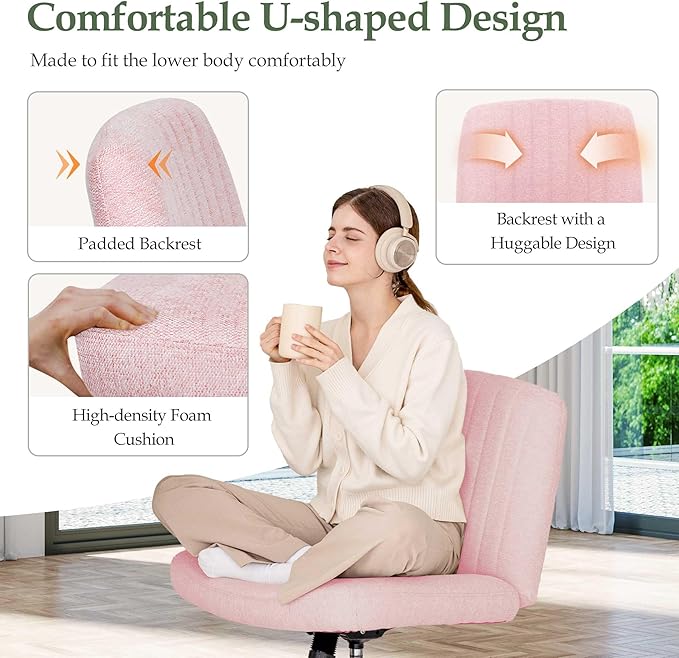 Orange Factory Criss Cross Chair Wheels Wide Cross Legged Office Desk Vanity Dual Base Comfy Fabric Armless Adjustable Swivel for Home Computer Task (Pink Dual Base, Fabric)