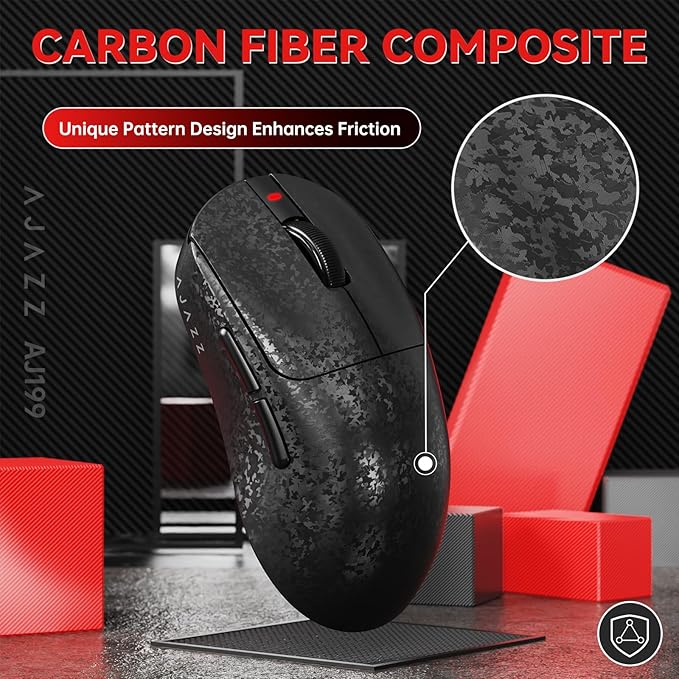 A.JAZZ Ajazz AJ199 Wireless Gaming Mouse Ultra-Lightweight 55g Tri-Mode Connection 24000 DPI PAW3311 Sensor Carbon Fiber Shell 500mAh Battery 1K Polling Rate Durable & Anti-Slip Design Black