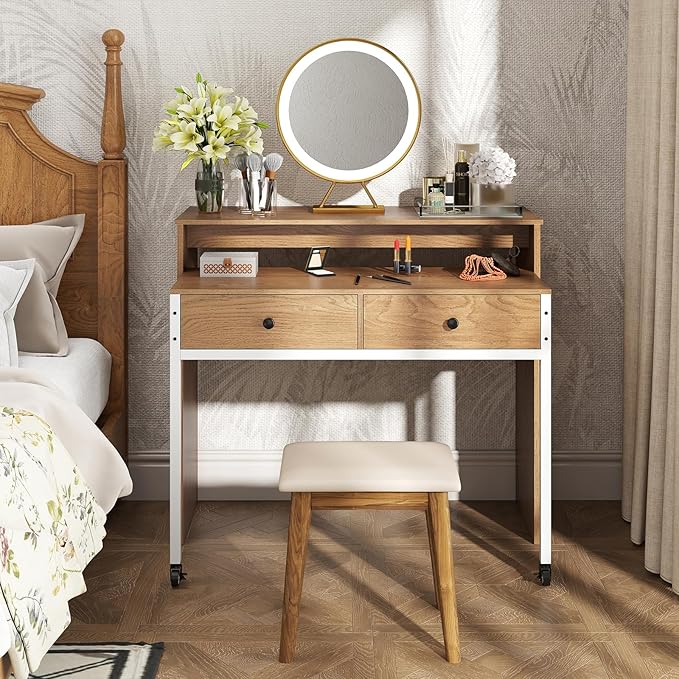 Giantex Small Computer Desk with Hutch & Drawers, Extendable Writing Desk w/Pull Out Secondary Table, Monitor Stand & Rolling Wheels, Console Table, Compact Desk for Small Spaces (Natural)