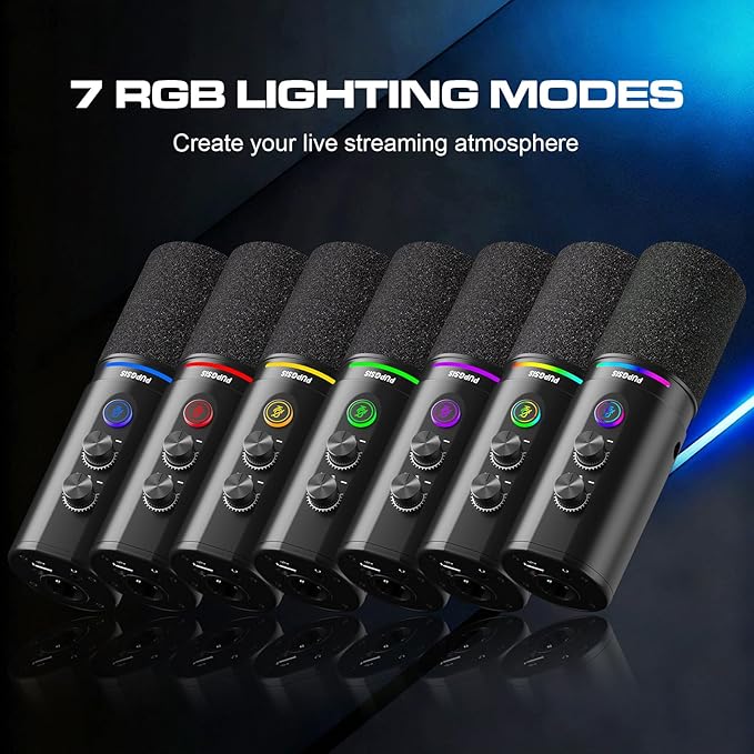 PUPGSIS Recording PC Microphone, Podcast Dynamic Mic with Mute Button, Reverb Effects, Headphones Jack, Desktop Stand, USB-C & XLR Outputs, USB Mic for Gaming, Streaming, Vocal, Voice-Over, Black