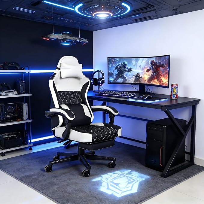 Gaming Chair,Video Game Chair with Footrest and Massage Lumbar Support, Ergonomic Computer Chair Height Adjustable with Swivel Seat and Headrest