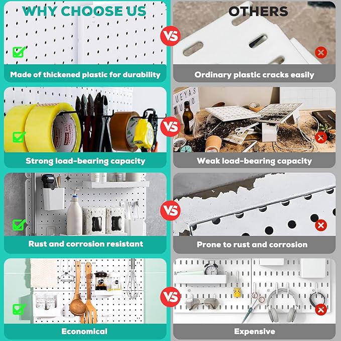 12Pcs Peg board, Pegboard Wall Organizer Panels, Wall Mount Display Small Pegboard Kits, Pegboard, Peg Boards for Wall Craft Room, for Kitchen, Garage, Workshop, Tool Accessories - White Pegboard