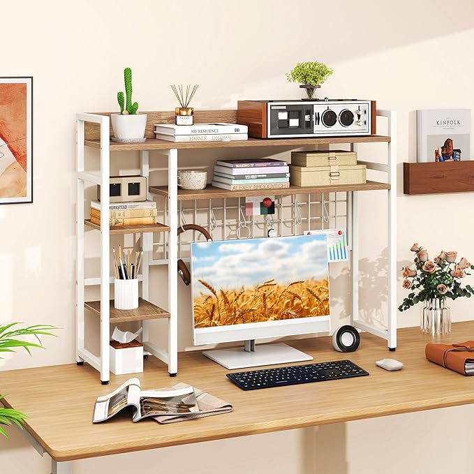 Giantex Desktop Bookshelf, 37" Desk Shelf for Up to 32" Computer Monitor, 4 Tier Desktop Display Shelves w/Grid Panel, 6 Movable Hooks, Anti-tip Device, Desk Hutch for Home Office Dorm (Natural)