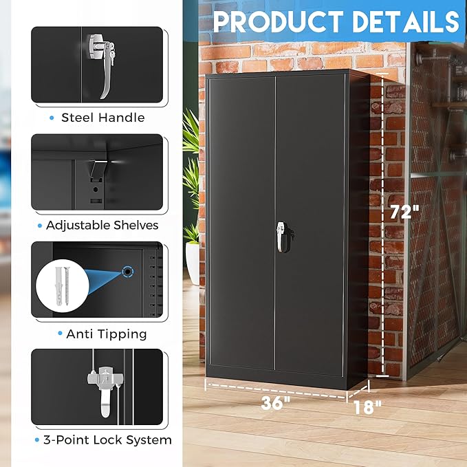 Greenvelly Metal Storage Cabinets 72” Black Garage Steel Storage Cabinet with Doors and Shelves, Metal Tool Cabinet, Steel File Cabinet for Home Office, Basement, Warehouse, Classroom（Anti Tipping）