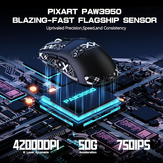 ATTACK SHARK X3MAX Wireless Gaming Mouse,PixArt PAW3950 Gaming Sensor,Up to 42K DPI,100 Million Micro,49g Lightweight Tri-Mode(BT5.2/2.4Ghz/Wired) Mice with Coiled Cable-Black&Tape