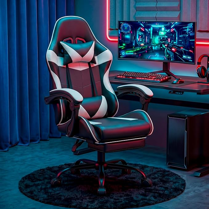 Computer Gaming Chair with Footrest, Ergonomic High Back Desk Chair with 90°-150° Reclining Function, Swivel Seat & Lumbar Support