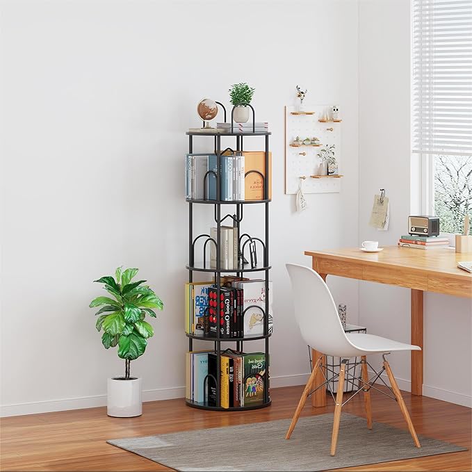 4 Tier Rotating Bookshelf, 360° Spinning Bookshelf Tower, Narrow Corner Book Shelf, Revolving Bookcase Corner Tall Book Shelf for Small Spaces, Bedroom, Living Room, Black
