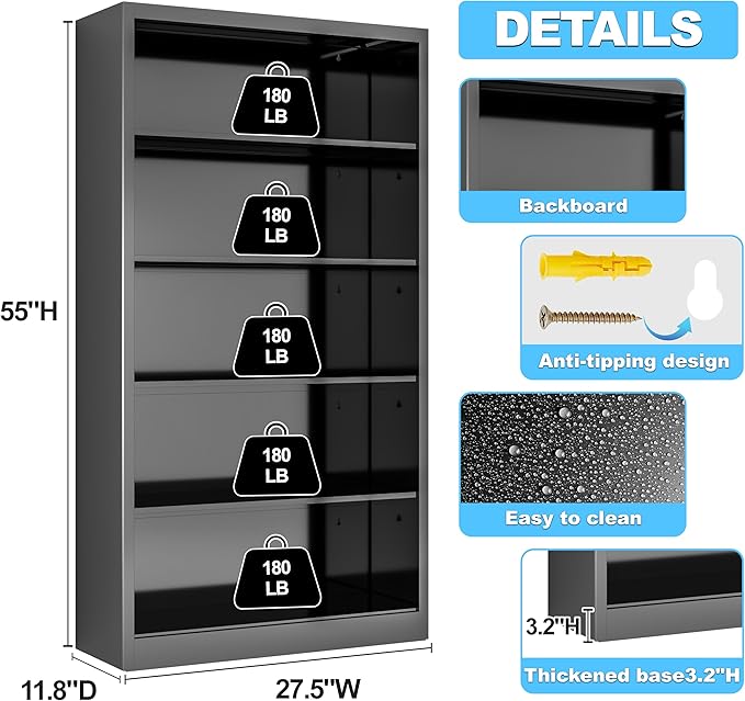 55" Tall Metal Bookshelf, Heavy Duty Black Bookshelf with 4 Adjustable Storage Shelves, Large Deep Bookcases for Office, School, Home, Bedroom, Library