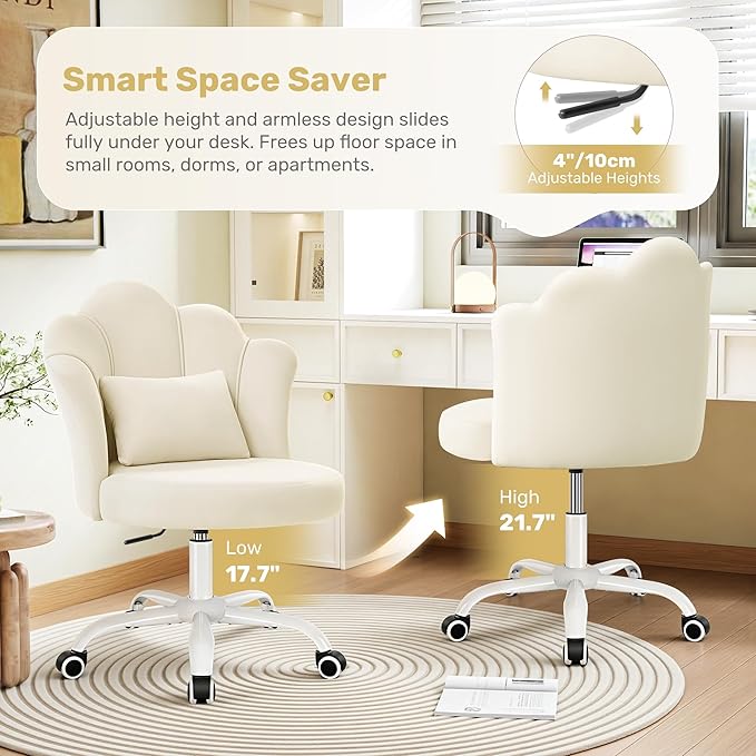 BestGlory Petal Vanity Chair with Wheels, 3.15" Extra Thick Comfy Makeup Chair, Adjustable Modern Swivel Armless Desk Chair for Girls Women, Aesthetic Small Office Chair for Bedroom Dorm