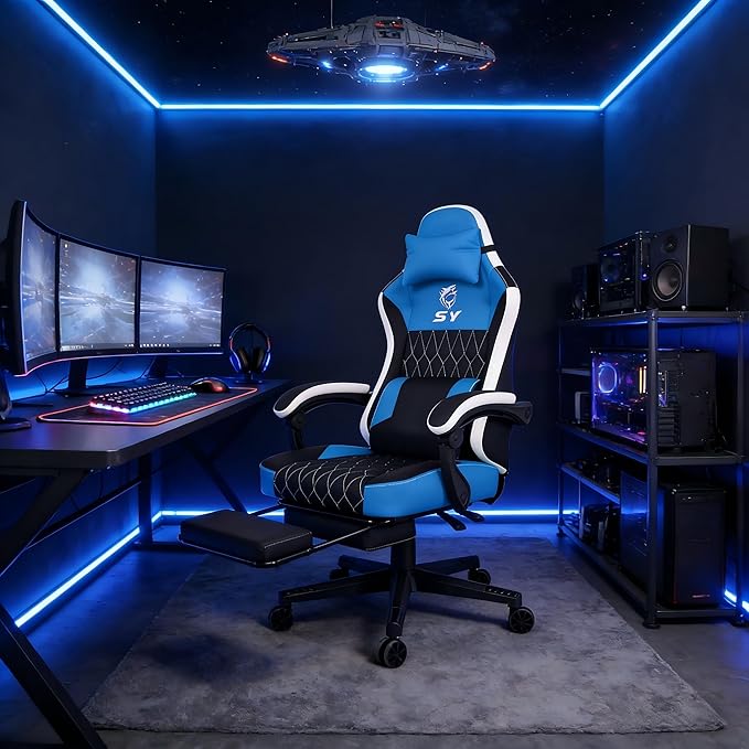 Gaming Chair,Video Game Chair with Footrest and Massage Lumbar Support, Ergonomic Computer Chair Height Adjustable with Swivel Seat and Headrest