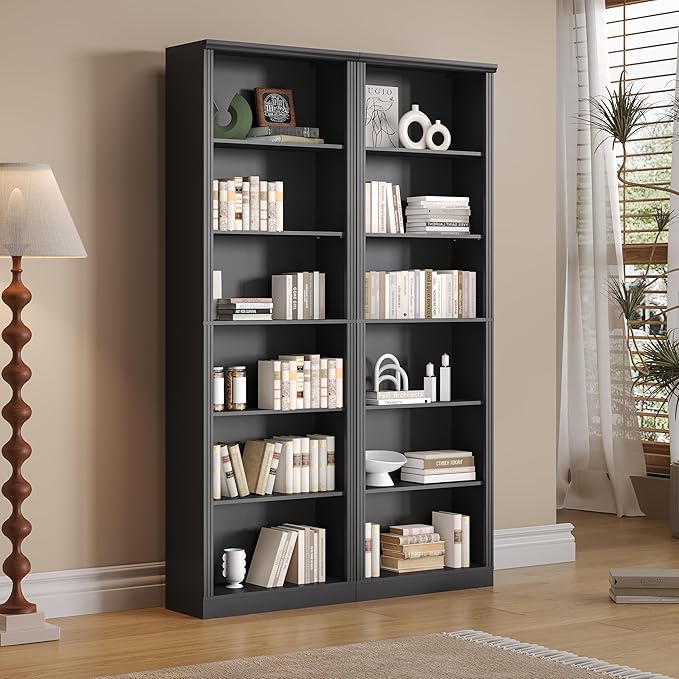 Wodeer Tall Bookshelf, 6-Tier Bookcase with 2 Adjustable Shelves, Modern Farmhouse Storage for Living Room, Entryway, Office, 23.6" W x 74.8" H x 10.6" D, Black