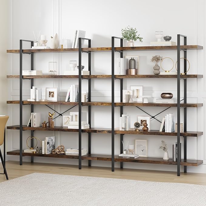 OtterOasis Bookshelf Set of 2, Heavy Duty 5-Tier Industrial Bookcase, 47" Wide Wood Bookshelf for Home Office, 120lbs Shelf Capacity, Rustic Open Display with Horizontal Shelf for Living Room Bedroom