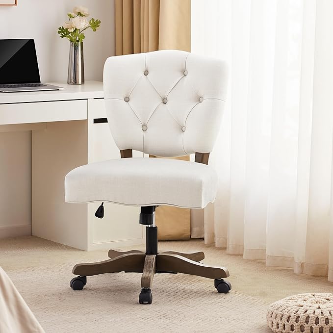 HUIMO Upholstered Swivel Desk Chair Chenille Tufted Fabric Home Office Chair with Wheels Adjustable Height Classic Task Chair with Wooden Legs Comfortable Armless Chair for Studio Study (Beige)