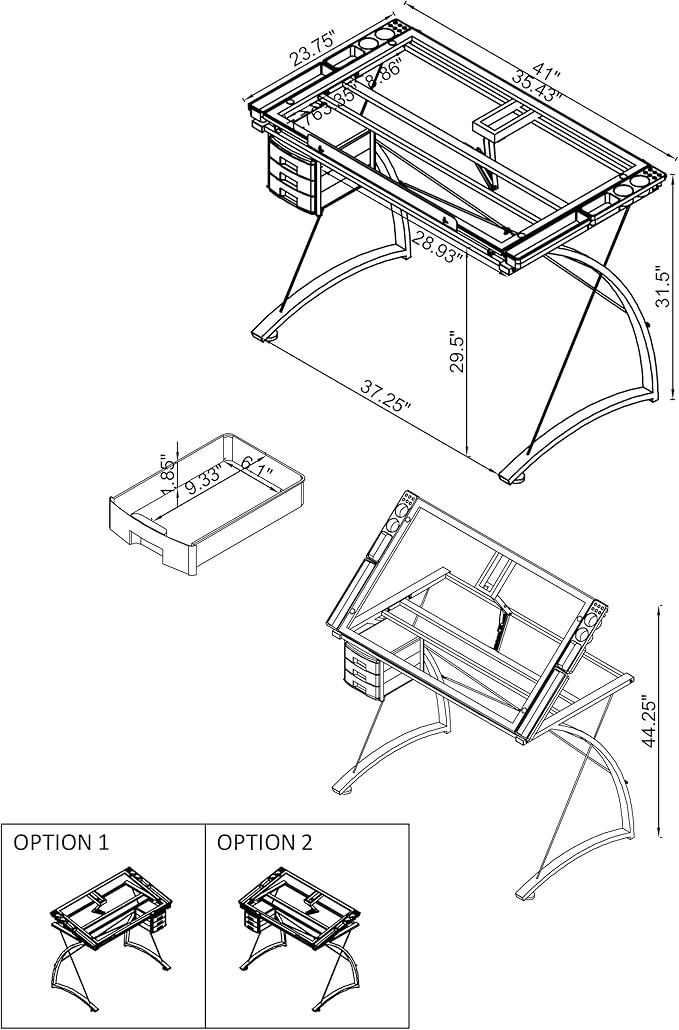 Coaster Home Furnishings - Melo - Metal and Glass - 41-Inch Drafting Table with Adjustable Pitch, Three Drawers, Retractable Pencil Ledge and Storage Compartments - Home Office - Silver - 800986