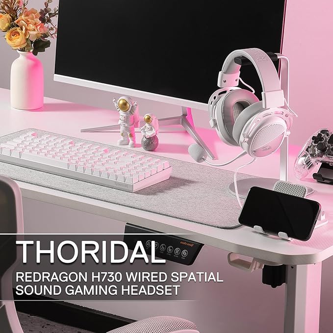 Redragon H730 USB Wired Gaming Headset - 53mm Drivers, 360° Spatial Sound, Detachable Noise-Canceling Microphone, Magnetic Replaceable Ear Cushions, Over-Ear Headphones Works for PC/PS4/PS5, White