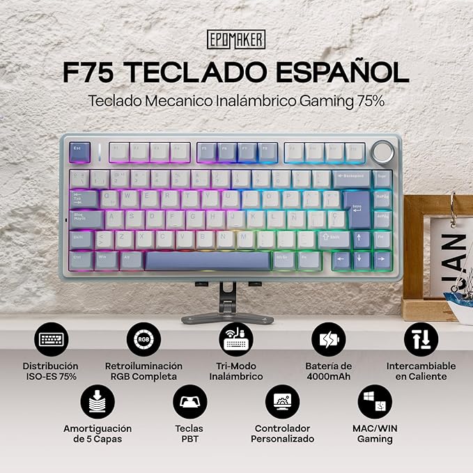 EPOMAKER Aula F75 ISO-ES Wireless Mechanical Gaming Keyboard, 75% Spanish Layout with Knob, Creamy Gasket, Sound-Dampening, RGB, Hot-Swap, BT/2.4Ghz (Sea Salt Blue)
