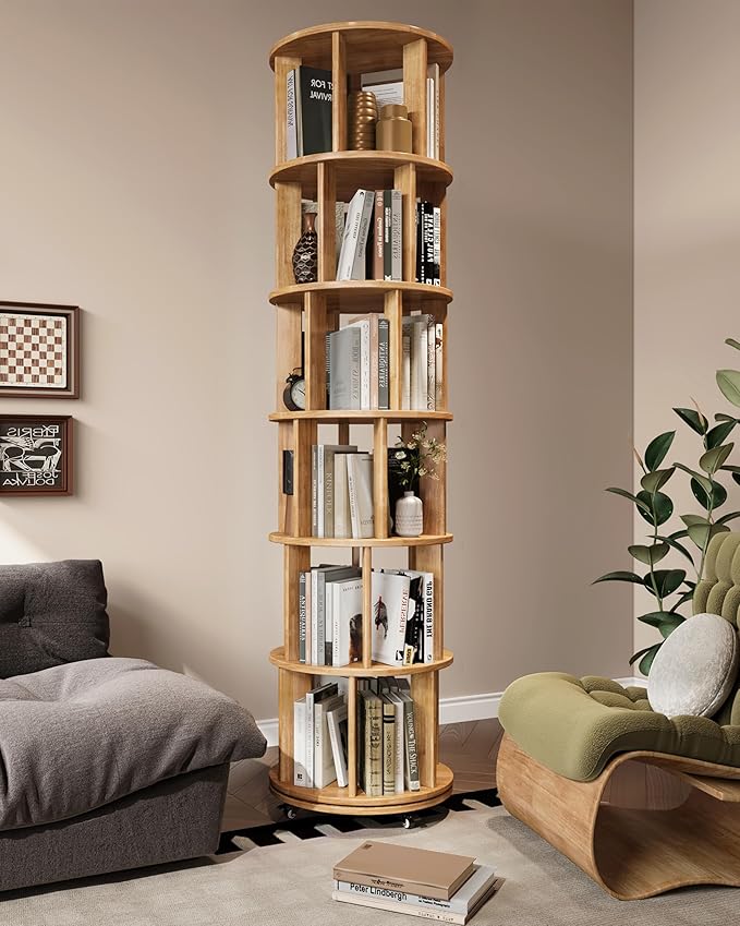 IUNVR Rotating Bookshelf, 6 Tier Solid Wood Bookshelf Tower with Lockable Wheels, 360° Spinning Revolving Bookcase for Small Spaces, Corners, Bedroom, Kids Room, Home Office, Natural