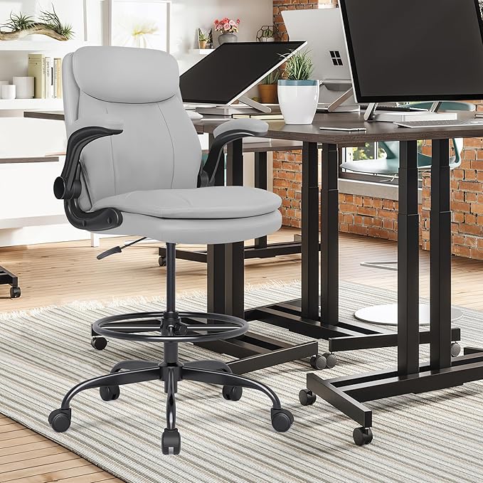 Misolant Leather Drafting Chair, Tall Office Chair for Standing Desk, High Executive Office Chair with Adjustable Height and Flip-up Armrest for Counter Height Desk