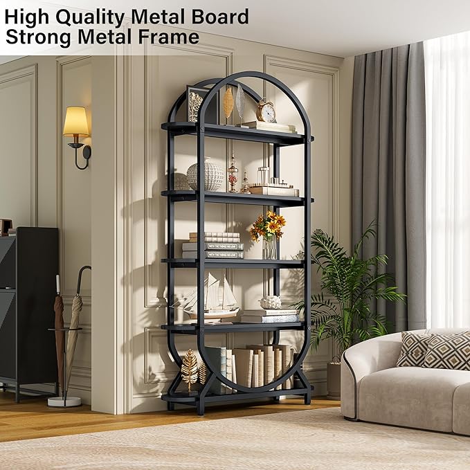 Jehiatek Arched Bookshelf Bookcase, 71 Inches Tall Industrial Book Shelf with Sturdy Metal Frame, E1 Quality Boards, Freestanding Display Shelving Unit, Black